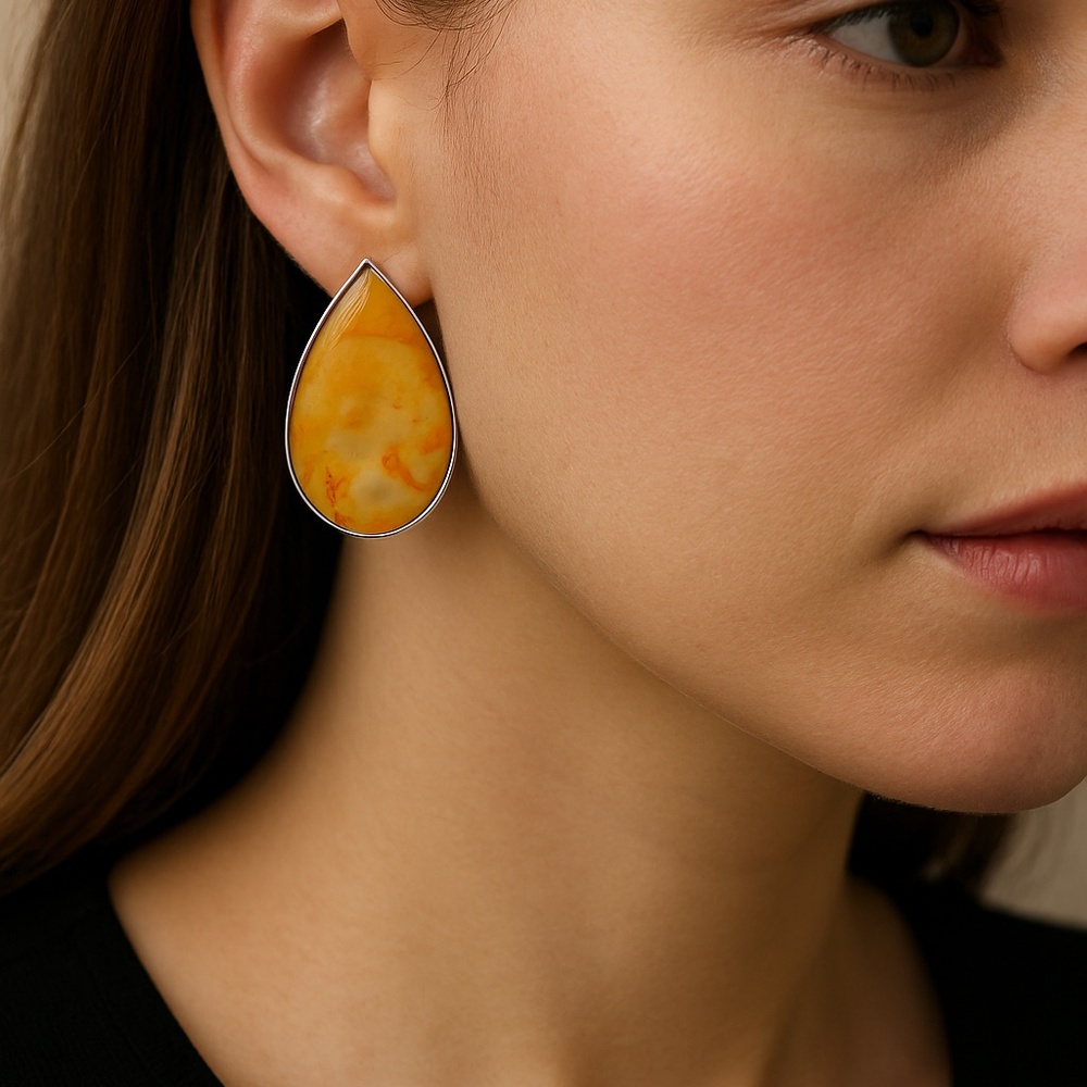 Yellow Orange Shell Teardrop Earrings pierced 1.5” long